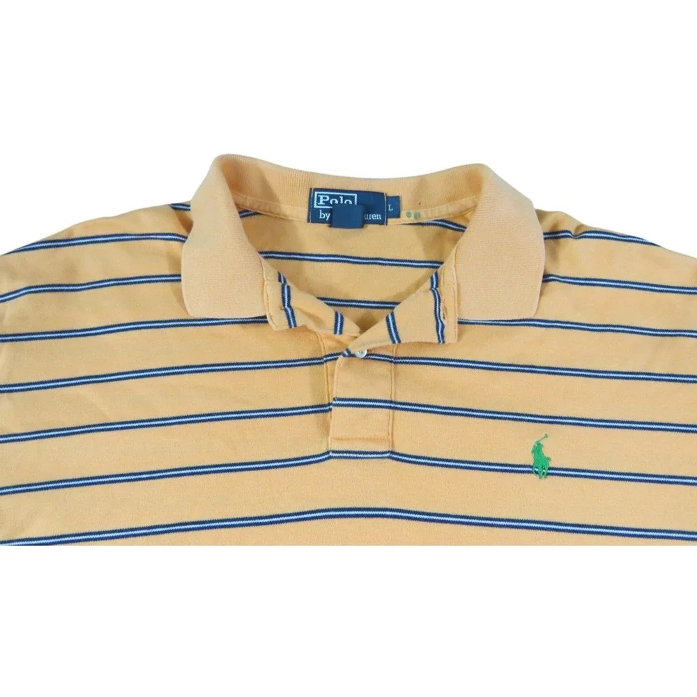 Polo Ralph Lauren Shirt Mens L Orange Striped Classic Fit Cotton Pique Polo Pony